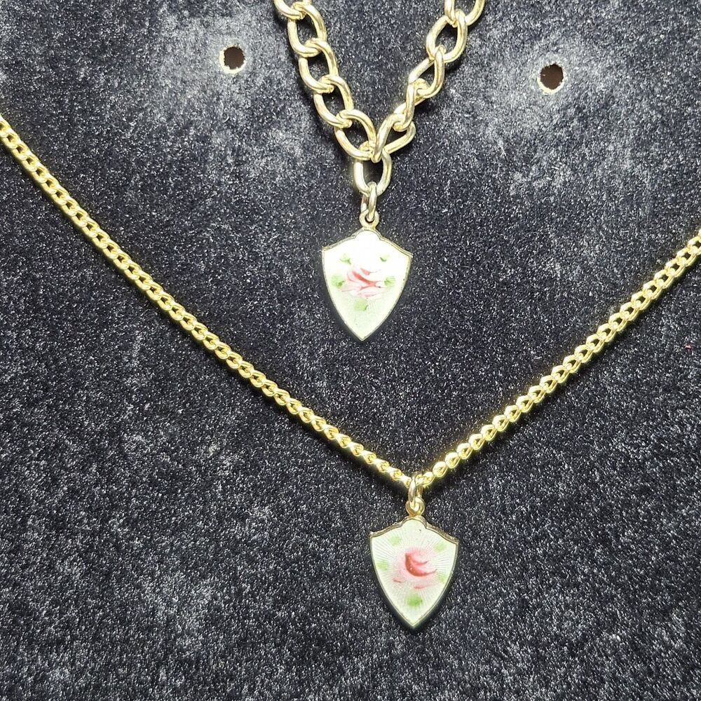 Vintage Emmons Gold Tone Guilloche Enamel Shield Charm Necklace & Bracelet Set